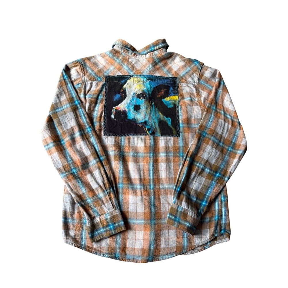 Angry Minnow Vintage Women's Shirt Plaid Flannel Cow Art Patch Button Up small